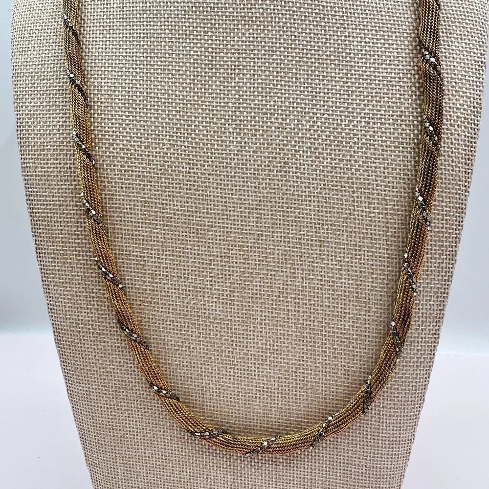 Vintage 80s Two Tone Gold Silver Twisted Mesh Rope Chain‎ Necklace Retro Jewelry